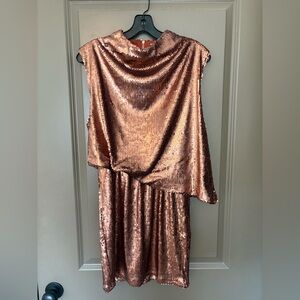 TCEC Rose Gold Sequin Mini Dress with Draped Neckline